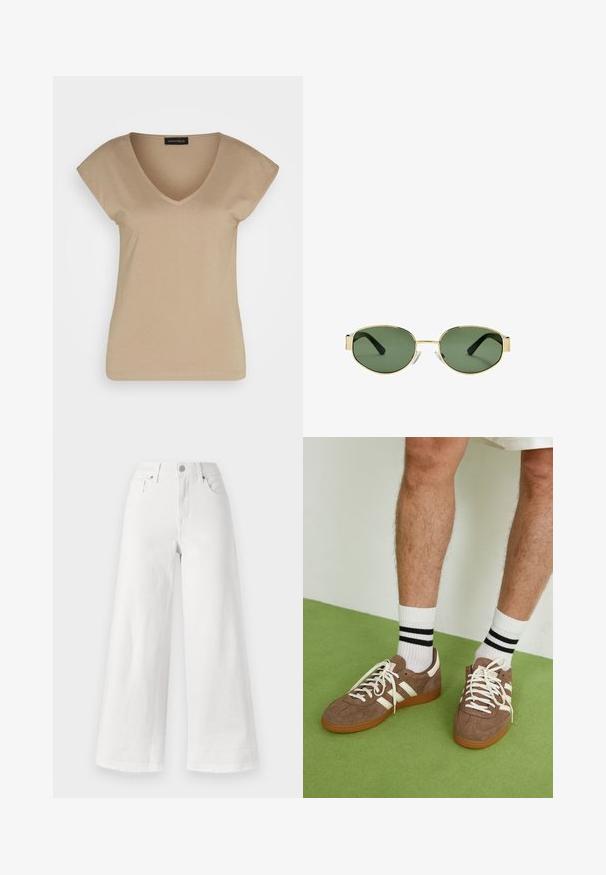 Hnedá semišová bunda s golierom, predným zapínaním na gombíky a dvoma veľkými vreckami. Štruktúrovaný povrch a skrátený strih.; Béžové tričko s výstrihom do V a krátkymi rukávmi, vyrobené z mäkkého materiálu. Má jednoduchý dizajn bez vzorov alebo akcentov.; Biele široké džínsy z denimu, s vysokým pásom, štyrmi vreckami a surovým lemom na spodnej časti pre textúru.; Hnedé zamatové tenisky s bielymi akcentmi a šnúrkami. Gumová podrážka. Nosené s bielymi ponožkami so čiernymi pruhmi. Zelená textúrovaná podlaha.; Slnko zlatohnedých kovových rámových okuliarov s zelenými tónovanými sklami, oválnym tvarom, čiernymi stranami a priehľadnými nosnými podložkami. Čistý, minimalistický dizajn.