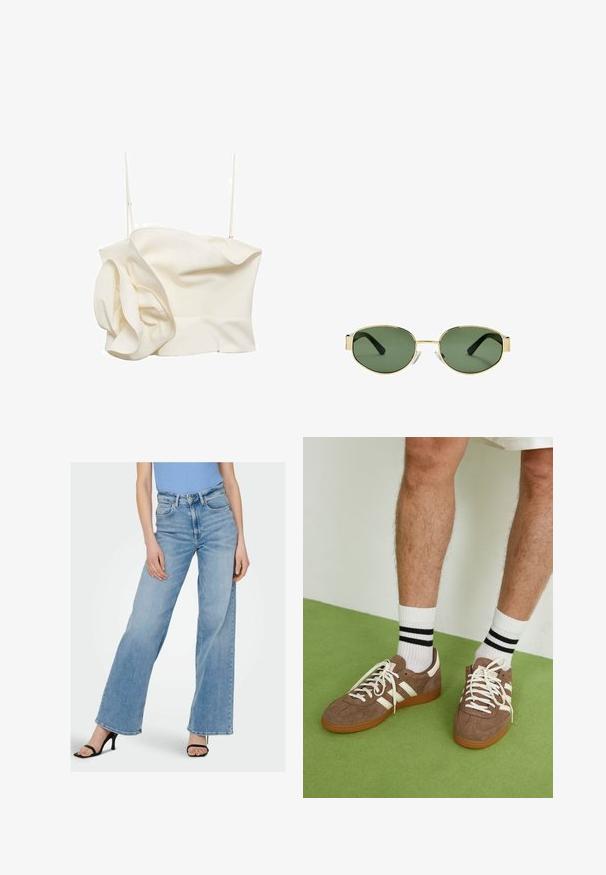 Brązowa kurtka z zamszu z kołnierzykiem, z przodu zapinana na guziki, z dwiema dużymi kieszeniami. Teksturowane wykończenie i krótki fason.; Kremowy, dopasowany top z lekkiego materiału, z jednym falbaniastym detalem po bokach i cienkimi regulowanymi ramiączkami. Gładka faktura z minimalnymi szwami.; Jasnoniebieskie dżinsowe spodnie w szerokim kroju z wysokim stanem, z widocznym przyszyciem i klasycznym pięciokomorowym wzorem. W zestawieniu z czarnymi sandałami na wysokim obcasie.; Brązowe zamszowe sneakersy z białymi akcentami i sznurówkami. Gumowa, brązowa podeszwa. Noszone z białymi skarpetkami w czarne paski. Zielona teksturowana podłoga.; Złote okulary przeciwsłoneczne w metalowej oprawie z zielonymi soczewkami, o owalnym kształcie, czarnymi zausznikami i przezroczystymi noskami. Czysty, minimalistyczny design.