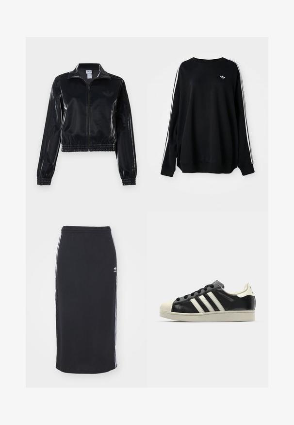 Sort, blank glans zip-jakke med elastiske manchetter og kant, der har diskrete tre-stribe detaljer på ærmerne og et tonalt logo på brystet.; Sort oversized sweatshirt i blødt stof, med hvide striber langs ærmerne og et lille logo på brystet. Rund halsudskæring.; Sort ribbet midi nederdel med hvide sidelængder, elastisk talje og lille logo detalje. Glat tekstur, afslappet atletisk design.; Sort lædersneakers med hvide striber, gummitåkap, sorte snørebånd og en cremefarvet ydersål. Glat tekstur med blank overflade.