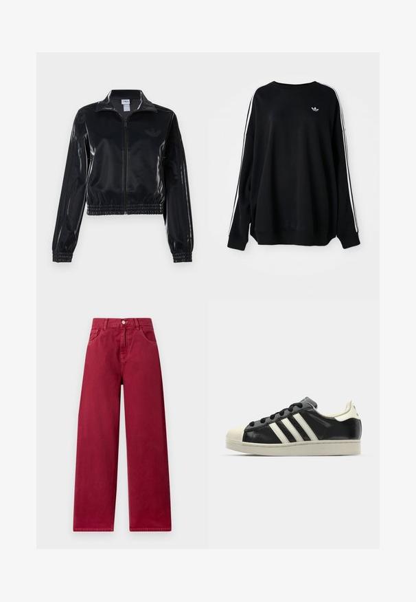 Jachetă sport neagră, lucioasă, cu fermoar, cu manșete și tiv elastic, având detalii subtile cu trei dungi pe mâneci și un logo tonal pe piept.; Sweatshirt negru supradimensionat dintr-un material moale, cu dungi albe pe mâneci și un logo mic pe piept. Decolteu rotund.; Pantaloni largi într-o nuanță burgundă profundă, realizați din denim rezistent, cu buzunare frontale și închidere cu nasture la talie.; Sneaker din piele neagră cu dungi albe, vârf din cauciuc, șireturi negre și talpă de culoare crem. Textură netedă cu finisaj strălucitor.