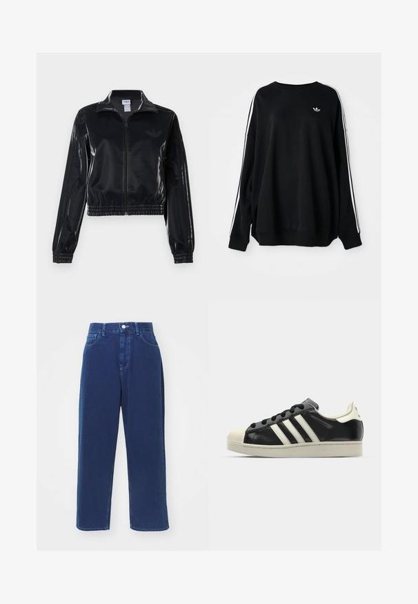 Svart, glinsende zip-up treningsjakke med elastiske mansjetter og nederkant, med subtile tre-stripes detaljer på ermene og en tonet logo på brystet.; Svart oversized sweatshirt i mykt materiale, med hvite striper langs ermene og en liten logo på brystet. Rund hals.; Marineblå vid bukse i bomullsstoff, med høy midje, frontlommer og kontraststingdetalj.; Svarte skinnsneakers med hvite striper, gummitopp, svarte lisser og en kremfarget såle. Glatt tekstur med blank finish.