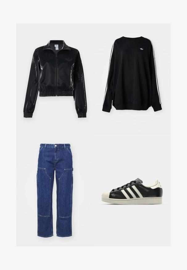 Czarna, błyszcząca kurtka sportowa na zamek błyskawiczny z elastycznymi mankietami i dołem, z subtelnym detalem w postaci trzech pasków na rękawach oraz stonowanym logo na klatce piersiowej.; Czarny, oversize sweter z miękkiego materiału, z białymi paskami wzdłuż rękawów i małym logo na piersi. Okrągły dekolt.; Carhartt WIP NASHUA szaroniebieski; Czarne skórzane trampki z białymi paskami, gumowym czubkiem, czarnymi sznurówkami i kremową podeszwą. Gładka faktura z połyskującym wykończeniem.