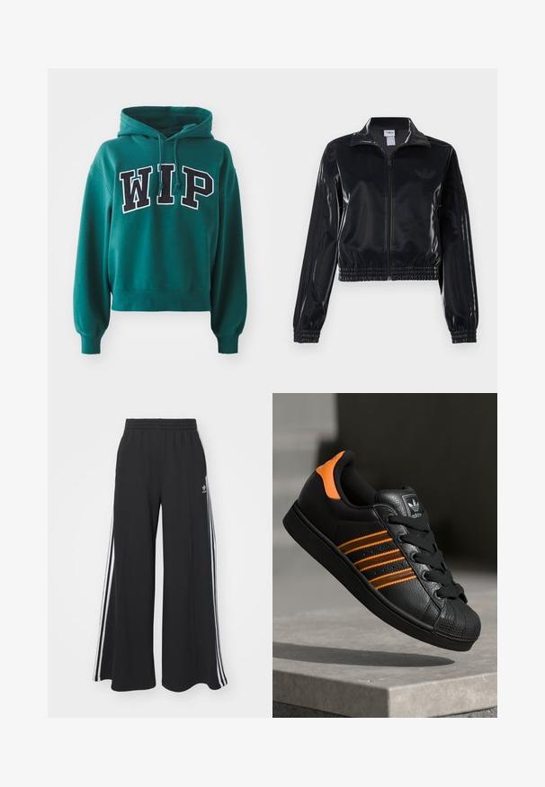 Juodas blizgus zip-up sportinis švarkas su elastinėmis rankovėmis ir apatine dalimi, su subtiliais trimis juostomis ant rankovių ir toniniu logotipu krūtinėje.; Žalia trumpa su gobtuvu su raišteliu. Priekyje ryški juoda ir balta "WIP" užrašo. Minkšta medžiaga su gipiūro rankovėmis.; Juodos plačios kojų džinsinės kelnės su elastingu juosmeniu, turinčios baltas šonines juosteles ir išsiuvinėtą logotipą kairiajame šlaunyje.; Juodas sportinis batelis su oranžiniais akcentais, trimis horizontaliomis juostelėmis, tekstūruota odinė viršutinė dalis, guminiu nosių dangteliu ir juodomis raišteliais.