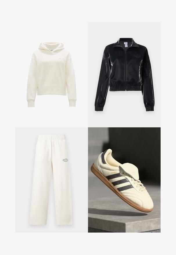 Giacca a piedi nera lucida con zip, dotata di polsini e orlo elastici, con discreti dettagli a tre strisce sulle maniche e un logo tonale sul petto.; Felpa con cappuccio di colore avorio realizzata in tessuto morbido, con logo frontale, cappuccio con cordoncino e polsini e orlo a coste per una vestibilità comoda.; Pantaloni a gamba larga di colore crema realizzati in materiale morbido con cintura elastica. Presentano un delicato testo ricamato di colore verde sul davanti.; Sneaker in pelle crema con tre strisce scure, suola in gomma marrone e punta arrotondata. Presenta una linguetta pieghevole etichettata "SAMBA".