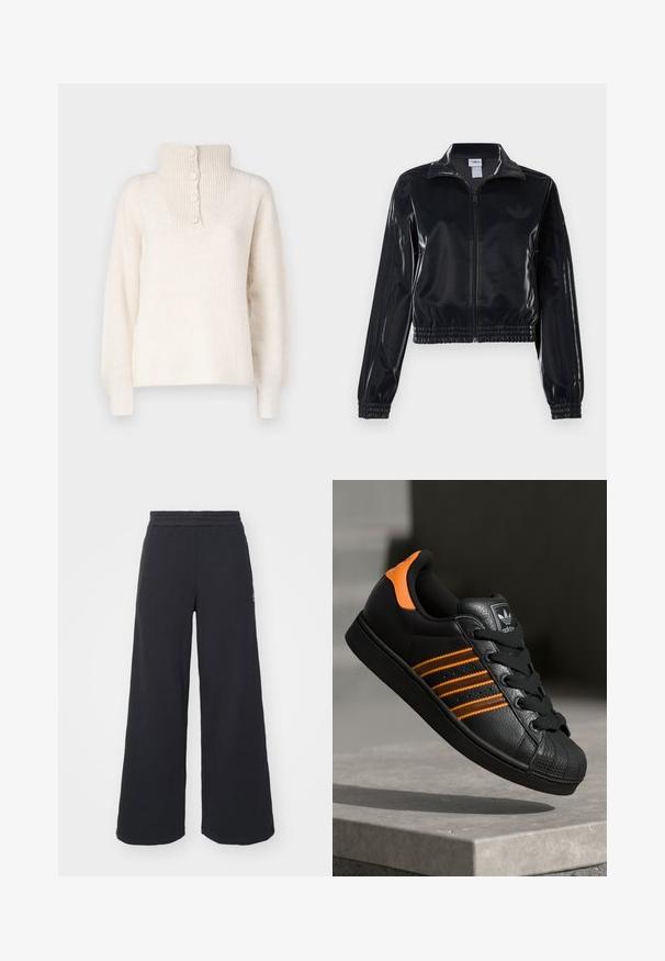 Svart, glinsende zip-up treningsjakke med elastiske mansjetter og nederkant, med subtile tre-stripes detaljer på ermene og en tonet logo på brystet.; JDY INGEBORG LIFE - Strikkegenser - pumice stone; Svart bukse med vid benvidde laget av myk stoff, med elastisk midjebånd og en liten logo på venstre side.; Svart sneaker med oransje detaljer, tre horisontale striper, teksturert skinnoverdel, gummitå, og svarte lisser.