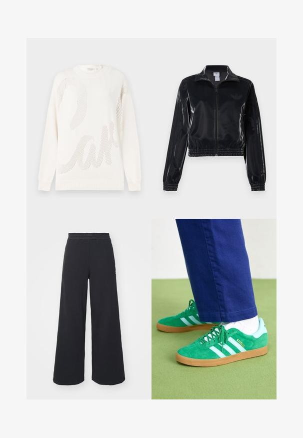 Schwarze, glänzende Trackjacke mit Reißverschluss und elastischen Bündchen und Saum, die dezente Drei-Streifen-Details an den Ärmeln und ein tonales Logo auf der Brust aufweist.; Weißer gestrickter Pullover mit einem großen Netzmuster, das das Wort "Kuchen" ähnelt. Gerippter Ausschnitt und Bündchen; weiche Textur.; Schwarze weite Sweatpants aus weichem Material, mit einem elastischen Taillenbund und einem kleinen Logo auf der linken Seite.; Grüne Wildleder-Sneaker mit weißen Streifen und Akzenten, Gummisohle aus Kautschuk, ausgestattet mit grünen Schnürsenkeln und Branding an der Seite.