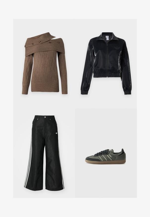 Veste de survêtement noire brillante à fermeture éclair, avec des poignets et un ourlet élastiques, arborant de subtils détails à trois rayures sur les manches et un logo ton sur ton sur le torse.; Pull en tricot marron avec un design asymétrique, texture côtelée et boutons décoratifs sur le large col, accompagné de manches longues.; Pantalon en denim large noir avec trois accents de rayures blanches de chaque côté et un petit logo blanc. Dispose de poches avant et d'une fermeture à bouton.; adidas Originals SAMBA OG - Baskets basses - core black/legend earth/gum