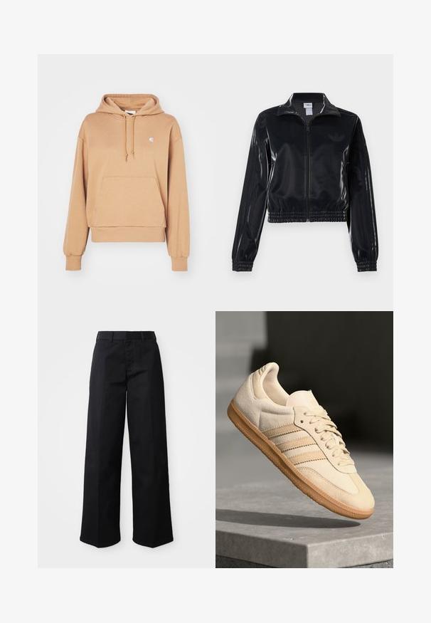 Must tume läikiv tõmblukuga spordijakk elastsete ääriste ja hemiga, millel on varrukatel peened kolmerealised detailid ja toon-on-tone logo rinnal.; Carhartt WIP HOODED CASEY - Kapuutsiga pusa - peanut/silver; Mustad laiad püksid, mis on valmistatud pehmest puuvillakangast. Omab klassikalist vöökohta, küljetaskuid ja sirget lõike püksijala lõpus.; Hele beeži sueded spordijalatsid, millel on kummist välistald, kolm diagonaalset triipu ja tekstuuriga varvaste katus. Omab logo keelel ja külgedel.