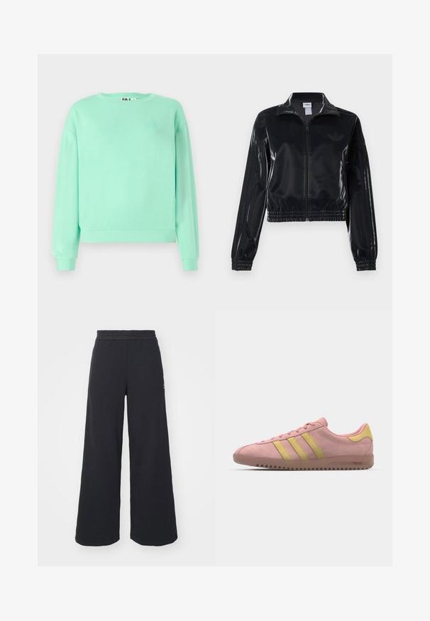 Chaqueta de chándal negra y brillante con cremallera, puños y dobladillo elásticos, que presenta un sutil detalle de tres rayas en las mangas y un logotipo tono sobre tono en el pecho.; Sudadera verde menta, de cuello redondo, mangas largas, puños acanalados, tejido suave, con un sutil diseño bordado en el pecho.; Pantalones de chándal negros de pierna ancha, hechos de una tela suave, con una cintura elástica y un pequeño logo en el lado izquierdo.; Zapatilla de ante rosa con tres franjas amarillas, puntera redondeada y suela de goma texturizada. Diseño de perfil bajo con un collar acolchado.