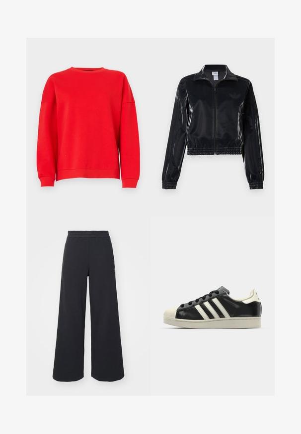 Melna spīdīga zip-up sporta jaka ar elastīgām piedurknēm un apakšmalu, ar smalku trīsrindu detaļu uz piedurknēm un tonālu logotipu uz krūšu daļas.; Sarkans džemperis, izgatavots no mīksta auduma, ar apaļu kakla izgriezumu, nokritušiem pleciem un ribotām piedurknēm. Vienkāršs dizains, bez rakstiem vai grafikas.; Melni platās svārku bikses, izgatavotas no mīksta auduma, ar elastīgu jostas daļu un mazu logotipu kreisajā pusē.; Melna ādas sporta apava ar baltām svītrām, gumijas purngala aizsardzību, melnām auklām un krēma krāsas zoli. Gluda tekstūra ar spīdīgu apdari.