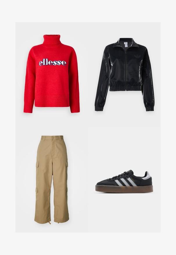 Jachetă sport neagră, lucioasă, cu fermoar, cu manșete și tiv elastic, având detalii subtile cu trei dungi pe mâneci și un logo tonal pe piept.; Pulover roșu tricotat, cu guler înalt cu nervuri. Are nervuri orizontale la marginea de jos și la manșete. Logo-ul "ellesse" este afișat proeminent în albastru și alb.; Pantaloni cargo bej cu talie înaltă, picioare largi și patru buzunare laterale mari. Realizați dintr-un material durabil, cu o textură netedă și detalii minimale.; Adidași negri cu un design elegant, având trei dungi albe, o limbă neagră și o talpă din cauciuc maro texturată. Detalii cu litere aurii.