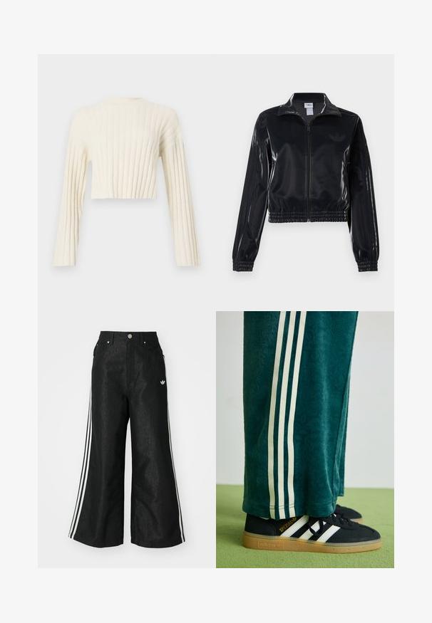 Casaco de treino preto brilhante com fecho éclair, punhos e barra elásticos, apresentando detalhes subtis de três riscas nas mangas e um logótipo tonal no peito.; Sweater creme curto com textura canelada vertical, mangas longas e um design simples de decote redondo. Acabamento em tecido macio.; Calças de denim largas pretas com três riscas brancas em cada lado e um pequeno logótipo branco. Apresenta bolsos frontais e um fecho de botão.; Calças verdes texturizadas com riscas laterais brancas, combinadas com ténis Adidas pretos com três riscas brancas e sola de borracha.