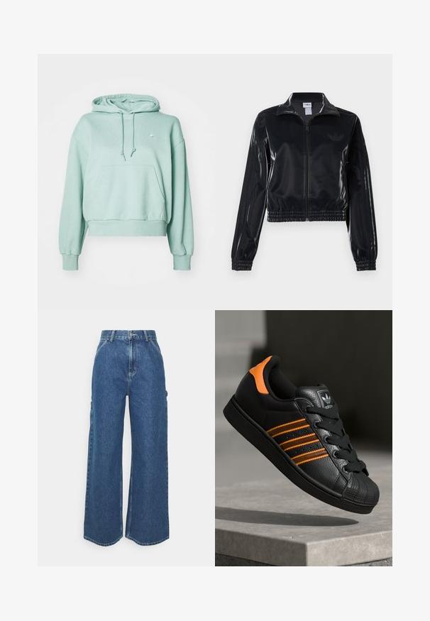 Giacca a piedi nera lucida con zip, dotata di polsini e orlo elastici, con discreti dettagli a tre strisce sulle maniche e un logo tonale sul petto.; Felpa con cappuccio verde menta realizzata in tessuto morbido, dotata di tasca frontale, lacci e polsini e orlo a coste. Piccolo logo sul petto.; Pantaloni in denim blu a gamba larga con vita alta, cuciture a contrasto e tasche laterali, caratterizzati da un classico design a cinque tasche e orli grezzi.; Sneaker nera con accenti arancioni, tre strisce orizzontali, parte superiore in pelle texture, punta in gomma e lacci neri.