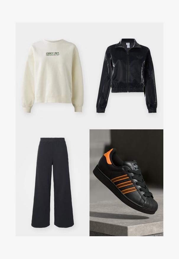 Czarna, błyszcząca kurtka sportowa na zamek błyskawiczny z elastycznymi mankietami i dołem, z subtelnym detalem w postaci trzech pasków na rękawach oraz stonowanym logo na klatce piersiowej.; Jasno kremowa bluza z miękkiego materiału. Posiada zielone logo "OBEY INT." nad nazwami miast. Wygodne dopasowanie z ściągaczami przy mankietach.; Czarne szerokie spodnie dresowe wykonane z miękkiego materiału, z elastycznym paskiem w talii oraz małym logo po lewej stronie.; Czarne sneakersy z pomarańczowymi akcentami, trzema poziomymi paseczkami, skórzaną cholewką o teksturowanej powierzchni, gumowym noskiem i czarnymi sznurówkami.