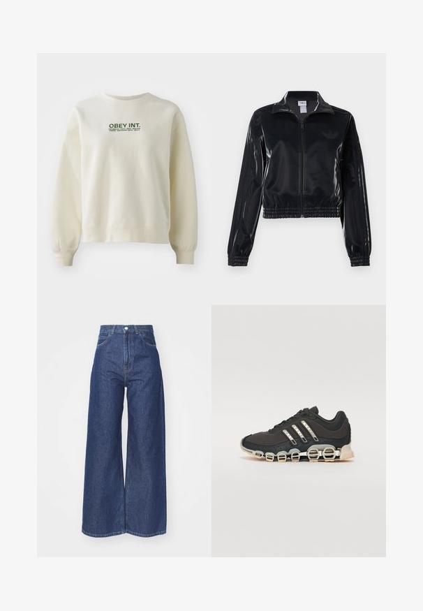 Zwarte glanzende zip-up trainingsjack met elastische mouwen en zoom, met subtiele drie-strepen details op de mouwen en een tonale logo op de borst.; Lichtcreme sweatshirt gemaakt van zachte stof. Heeft een groene "OBEY INT." logo boven stadnamen. Comfortabele pasvorm met ribbelmanchetten.; Wijd-uitlopende jeans van donkerblauwe denim. Hoge taille met een ritssluiting en knoopsluiting. Bevat klassieke vijf-pocket styling en gezoomde randen.; Zwarte sportschoen met een gestructureerde bovenkant, drie zilveren strepen en een kenmerkende dempingszool met meerdere geïntegreerde secties.