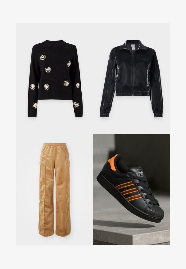 Zwarte glanzende zip-up trainingsjack met elastische mouwen en zoom, met subtiele drie-strepen details op de mouwen en een tonale logo op de borst.; Object OBJLANEY RUBIN NOOS - Trui - black; Tan wijde broek van zacht, fluweelachtig materiaal. Voorzien van een elastische tailleband en verticale naden aan de voorkant voor extra detail.; Zwarte sneaker met oranje accenten, drie horizontale strepen, bovenwerk van textuurlak, rubberen neuzen en zwarte veters.