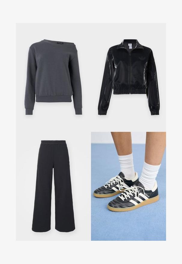 Čierna lesklá zipsová športová bunda s elastickými manžetami a spodným lemom, ktorá má jemné trojpruhové detaily na rukávoch a tonálny logotyp na hrudi.; Šedá mikina vyrobená z mäkkého materiálu, s okrúhlym výstrihom, dlhými rukávmi a mierne skráteným lemom s rebrovanými manžetami a pásom.; Čierne širšie tepláky vyrobené z mäkkej látky, s elastickým pásom a malým logom na ľavej strane.; Čierne kožené tenisky s bielymi pruhmi, okrúhlou špičkou, bielymi šnúrkami a gumovou podrážkou. Vyzdvihujú ich vypchávkovaný golier a detaily s logom.