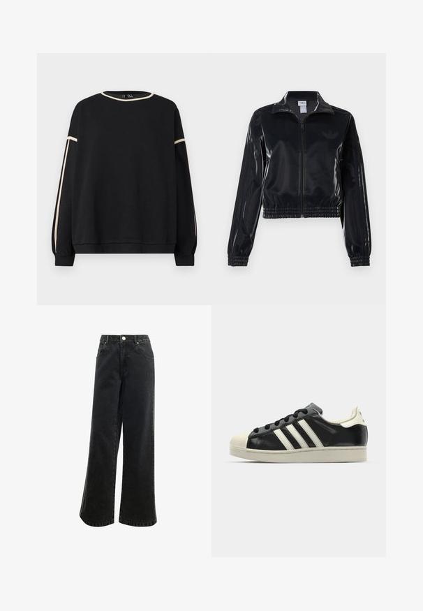 Czarna, błyszcząca kurtka sportowa na zamek błyskawiczny z elastycznymi mankietami i dołem, z subtelnym detalem w postaci trzech pasków na rękawach oraz stonowanym logo na klatce piersiowej.; Czarny długi rękaw sweatshirt z beżowym wykończeniem przy dekolcie i rękawach, oferujący luźny krój oraz prążkowane mankiety i dół.; Czarne dżinsy o wysokim stanie i szerokich nogawkach, z zapięciem na guzik, pięcioma kieszeniami oraz małym haftowanym logo z przodu. Tkanina o fakturze.; Czarne skórzane trampki z białymi paskami, gumowym czubkiem, czarnymi sznurówkami i kremową podeszwą. Gładka faktura z połyskującym wykończeniem.