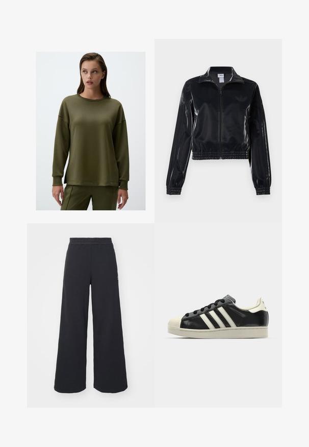 Black glossy zip-up track jacket with elastic cuffs and hem, featuring subtle three-stripe detailing on sleeves and a tonal logo on chest.; Olive green long-sleeve sweatshirt in soft fabric with rounded neckline, relaxed fit, and side slits at the hem for added comfort.; Black wide-leg sweatpants made from soft fabric, featuring an elastic waistband and a small logo on the left side.; Black leather sneaker with white stripes, rubber toe cap, black laces, and a cream-colored outsole. Smooth texture with shiny finish.