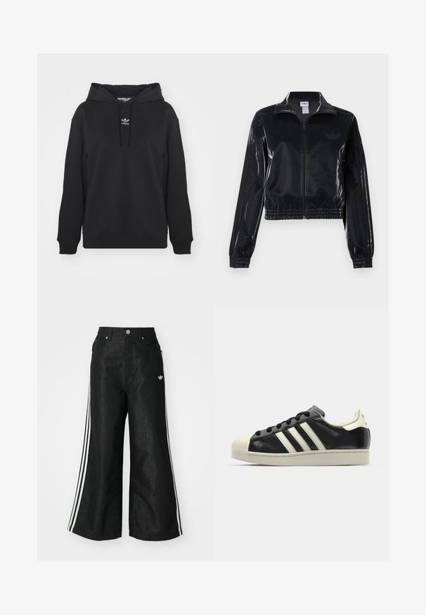 Casaco de treino preto brilhante com fecho éclair, punhos e barra elásticos, apresentando detalhes subtis de três riscas nas mangas e um logótipo tonal no peito.; adidas Originals HOODIE - Camisola - black; Calças de denim largas pretas com três riscas brancas em cada lado e um pequeno logótipo branco. Apresenta bolsos frontais e um fecho de botão.; Sapatilha de couro preto com riscas brancas, biqueira de borracha, atacadores pretos e sola na cor creme. Textura suave com acabamento brilhante.