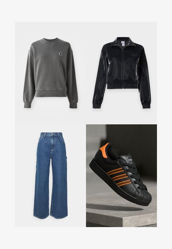 Čierna lesklá zipsová športová bunda s elastickými manžetami a spodným lemom, ktorá má jemné trojpruhové detaily na rukávoch a tonálny logotyp na hrudi.; Šedý pulóver vyrobený z hladkej zmesi bavlny, s okrúhlym výstrihom, rebrovanými manžetami a malou logom nášivkou na ľavej hrudi.; Dlhé modré džínsy so širokými nohavicami a vysokým pásom, s kontrastným prešívaním a bočnými vreckami, s klasickým dizajnom piatich vreciek a surovými lemami.; Čierne tenisky s oranžovými akcentami, tromi horizontálnymi pruhmi, textúrovaným koženým zvrškom, gumovým ochranným vankúšikom na prstoch a čiernymi šnúrkami.
