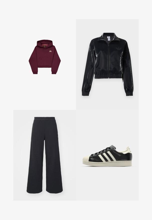 Svart, glinsende zip-up treningsjakke med elastiske mansjetter og nederkant, med subtile tre-stripes detaljer på ermene og en tonet logo på brystet.; Burgunderfarget cropped hettegenser laget av mykt materiale, med en frontlomme og en liten logoakkent på brystet. Lange ermer med ribbestrikkede mansjetter.; Svart bukse med vid benvidde laget av myk stoff, med elastisk midjebånd og en liten logo på venstre side.; Svarte skinnsneakers med hvite striper, gummitopp, svarte lisser og en kremfarget såle. Glatt tekstur med blank finish.