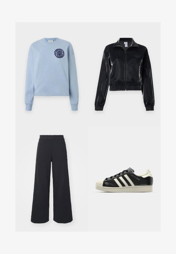 Zwarte glanzende zip-up trainingsjack met elastische mouwen en zoom, met subtiele drie-strepen details op de mouwen en een tonale logo op de borst.; Lichtblauwe katoenen sweatshirt met lange mouwen en een ronde hals. Heeft een marineblauw cirkelvormig grafisch ontwerp op de linkerborst. Zachte textuur.; Zwarte wijde sweatpants gemaakt van zachte stof, met een elastische tailleband en een klein logo aan de linkerkant.; Zwarte leren sneaker met witte strepen, rubberen teenbescherming, zwarte veters en een crèmekleurige loopzool. Glad oppervlak met een glanzende afwerking.