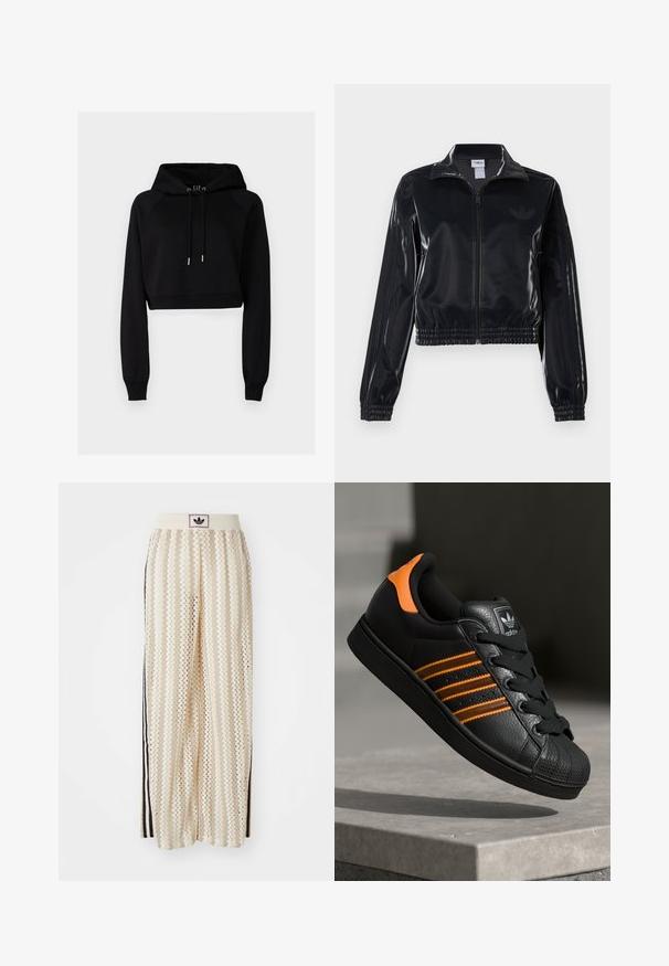 Čierna lesklá zipsová športová bunda s elastickými manžetami a spodným lemom, ktorá má jemné trojpruhové detaily na rukávoch a tonálny logotyp na hrudi.; GAP ULTRA CROP HOODIE - Mikina - true black; Béžové nohavice s širokými nohavicami a zigzagovými vzormi, s čiernym logom na páse a bočnými čiernymi pruhmi. Ľahká, textúrovaná látka.; Čierne tenisky s oranžovými akcentami, tromi horizontálnymi pruhmi, textúrovaným koženým zvrškom, gumovým ochranným vankúšikom na prstoch a čiernymi šnúrkami.
