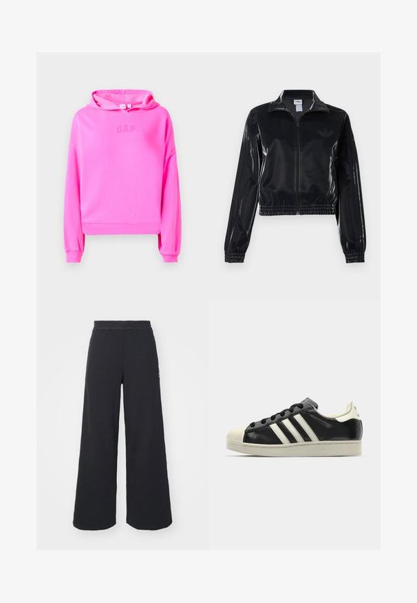 Giacca a piedi nera lucida con zip, dotata di polsini e orlo elastici, con discreti dettagli a tre strisce sulle maniche e un logo tonale sul petto.; Felpa cropped rosa realizzata in tessuto morbido, con cappuccio regolabile e un discreto logo GAP al centro. Polsini e orlo a coste.; Pantaloni felpati neri a gamba larga realizzati in tessuto morbido, con un elastico in vita e un piccolo logo sul lato sinistro.; Sneaker in pelle nera con strisce bianche, punta in gomma, lacci neri e suola di colore crema. Texture liscia con finitura brillante.