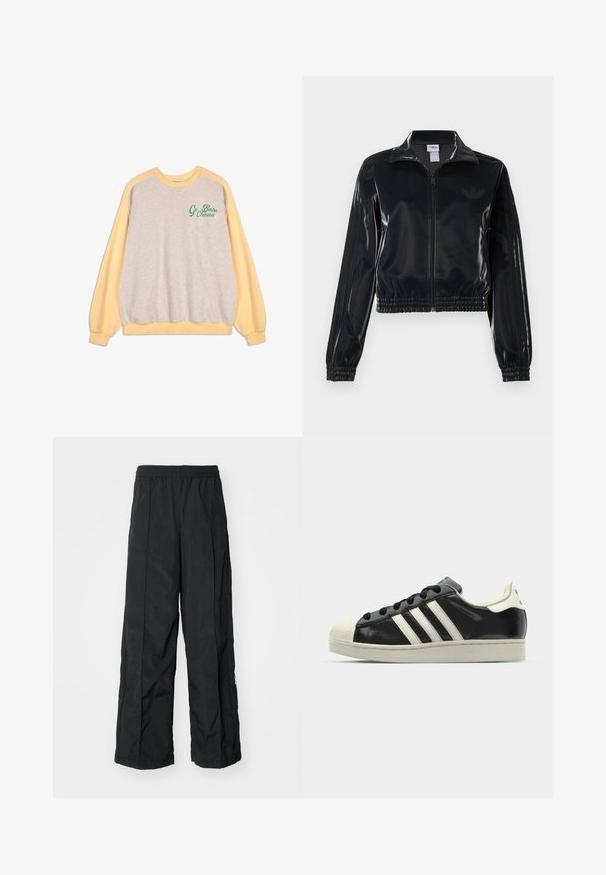 Giacca a piedi nera lucida con zip, dotata di polsini e orlo elastici, con discreti dettagli a tre strisce sulle maniche e un logo tonale sul petto.; Felpa girocollo con il corpo beige e maniche giallo pastello, caratterizzata dalla scritta verde "Go Bobo Choses" sulla parte superiore sinistra del petto.; Pantaloni neri a gamba larga con vita elastica, caratterizzati da una texture liscia e dettagli sulle cuciture laterali per un design aggiuntivo.; Sneaker in pelle nera con strisce bianche, punta in gomma, lacci neri e suola di colore crema. Texture liscia con finitura brillante.