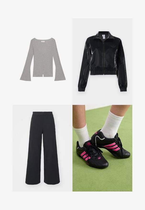 Schwarze, glänzende Trackjacke mit Reißverschluss und elastischen Bündchen und Saum, die dezente Drei-Streifen-Details an den Ärmeln und ein tonales Logo auf der Brust aufweist.; Graues, geripptes Oberteil mit langen, ausgestellten Ärmeln, tiefem V-Ausschnitt und einem Frontschlitz. Hergestellt aus einem weichen, dehnbaren Material.; Schwarze weite Sweatpants aus weichem Material, mit einem elastischen Taillenbund und einem kleinen Logo auf der linken Seite.; Schwarze Sportschuhe mit drei rosa Streifen, Obermaterial aus strukturiertem Leder, schwarze Schnürsenkel und Logodetails, kombiniert mit weißen gerippten Socken auf grünem Untergrund.