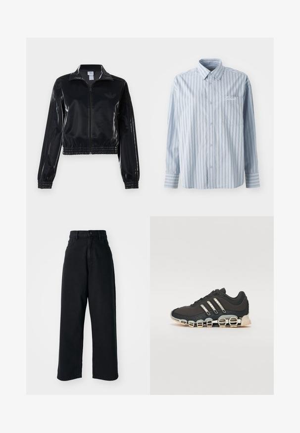 Μαύρο γυαλιστερό ζακέτα με φερμουάρ και ελαστικούς καρπούς και στρίφωμα, με διακριτικές τρεις λωρίδες στα μανίκια και λογότυπο σε τονική απόχρωση στο στήθος.; Ανοιχτό μπλε πουκάμισο με μακριά μανίκια, κουμπιά και λευκές και σκούρες κάθετες ρίγες, διαθέτει τσέπη στο στήθος με λευκή κεντημένη γραφή.; Μαύρα τζιν ψηλής μέσης με φαρδιές μπατζάκια, με μπροστινές τσέπες και κλείσιμο με κουμπί, τοποθετημένα σε ένα απλό λευκό φόντο.; Μαύρο αθλητικό παπούτσι με υφή στην επάνω πλευρά, τρεις ασημένιες ρίγες και μια ξεχωριστή σόλα με απορρόφηση κραδασμών που διαθέτει πολλαπλές ενσωματωμένες τμήματα.