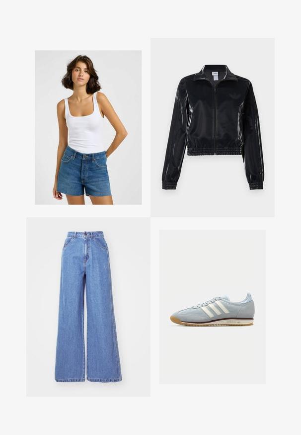 Sort, blank glans zip-jakke med elastiske manchetter og kant, der har diskrete tre-stribe detaljer på ærmerne og et tonalt logo på brystet.; Hvid ribbet tanktop med firkantet udskæring, parret med højtaljede blå denimshorts med frynset kant og traditionelt fem-lommet design.; adidas Originals Jeans Straight Leg - light denim; Lyseblå ruskinds sneaker med hvide tre striber, gummisål og tekstureret mesh. Har en glat tåhætte og branding på hælen.