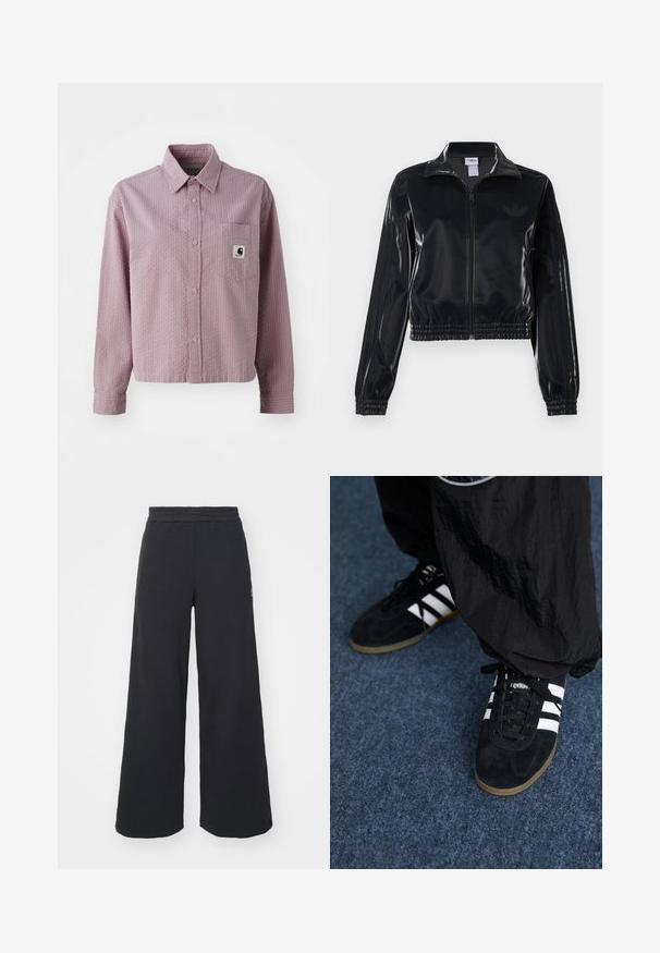 Black glossy zip-up track jacket with elastic cuffs and hem, featuring subtle three-stripe detailing on sleeves and a tonal logo on chest.; Light pink button-up shirt with a textured pattern, long sleeves, a chest pocket, and a small logo tag on the pocket.; Black wide-leg sweatpants made from soft fabric, featuring an elastic waistband and a small logo on the left side.; Black suede athletic shoes with three white stripes and black laces. A textured black pant is partially visible beside the shoes.