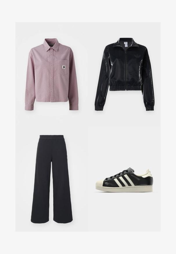 Čierna lesklá zipsová športová bunda s elastickými manžetami a spodným lemom, ktorá má jemné trojpruhové detaily na rukávoch a tonálny logotyp na hrudi.; Svetloružová košeľa na gombíky s textúrovaným vzorom, dlhými rukávmi, náprsné vrecko a malý logotypový štítok na vrecku.; Čierne širšie tepláky vyrobené z mäkkej látky, s elastickým pásom a malým logom na ľavej strane.; Čierne kožené tenisky s bielymi pruhmi, gumenou špičkou, čiernymi šnúrkami a krémovobielou podrážkou. Hladký povrch s lesklým finišom.