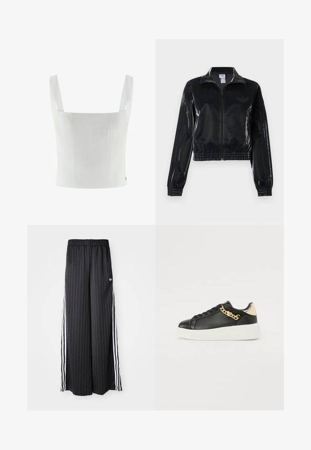 Melna spīdīga zip-up sporta jaka ar elastīgām piedurknēm un apakšmalu, ar smalku trīsrindu detaļu uz piedurknēm un tonālu logotipu uz krūšu daļas.; Balts īss tank tops ar biezām lencēm, kuram ir vertikāli šuvi un gluda tekstūra. Nav redzami aksesuāri vai raksti.; Melnas platajās bikses ar vertikālām baltām svītrām, elastīgs jostasvads un trīs baltas svītras sānos. Adidas logo priekšpusē.; Melnas ādas sporta apavi ar strukturētu virsmu, ar zelta ķēdes akcentu un krēmkrāsas platformas zoli.