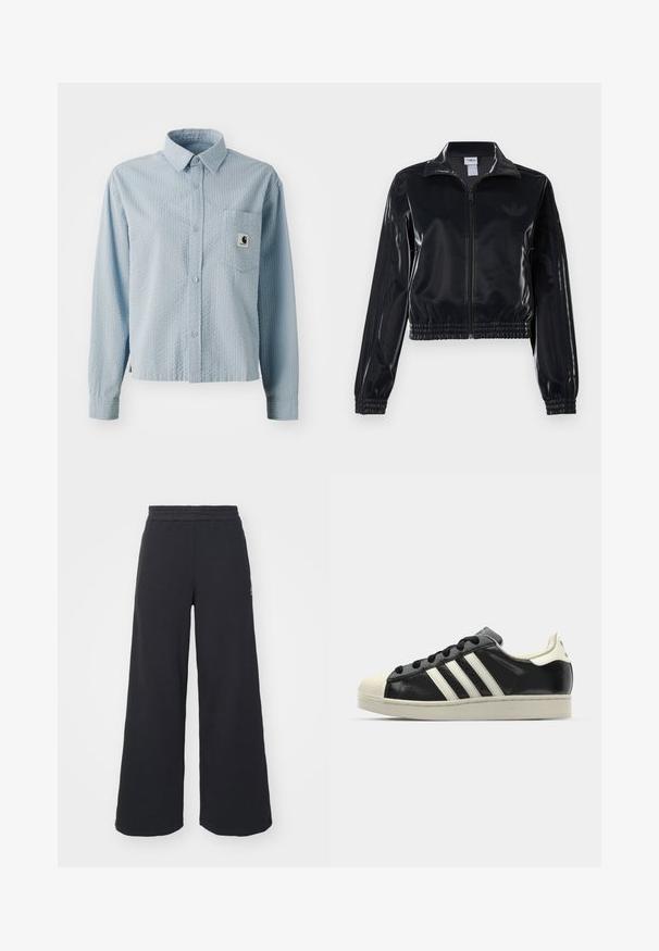 Black glossy zip-up track jacket with elastic cuffs and hem, featuring subtle three-stripe detailing on sleeves and a tonal logo on chest.; Light blue, long-sleeve button-up shirt with a textured pattern, a chest pocket, and a branded label on the pocket. Made from woven fabric.; Black wide-leg sweatpants made from soft fabric, featuring an elastic waistband and a small logo on the left side.; Black leather sneaker with white stripes, rubber toe cap, black laces, and a cream-colored outsole. Smooth texture with shiny finish.