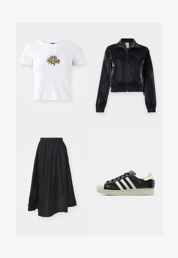 Melna spīdīga zip-up sporta jaka ar elastīgām piedurknēm un apakšmalu, ar smalku trīsrindu detaļu uz piedurknēm un tonālu logotipu uz krūšu daļas.; Baltas īsās piedurknes T-krekls ar pieguļošu dizainu, kura centrā ir izšūta rozes grafika un ap ziedu ir apļveida teksts.; Melna, līdz ceļiem garš svārku, izgatavots no viegla auduma, ar elastīgu jostasvietu un paplatinātu dizainu, kas nodrošina kustību brīvību.; Melna ādas sporta apava ar baltām svītrām, gumijas purngala aizsardzību, melnām auklām un krēma krāsas zoli. Gluda tekstūra ar spīdīgu apdari.