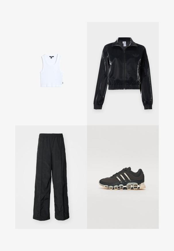 Musta kiiltävä vetoketjullinen urheilutakki, jossa on joustavat hihansuut ja helma, jossa on huomaamaton kolmitahoinen yksityiskohta hihoissa ja sävyttävä logo rinnassa.; Valkoinen puuvillapaita, jossa on ribbikuvio, pyöreä pääntie ja leveät olkaimet. Hameen reunassa on pieni brändilappu.; Mustat leveälahkeiset housut, joissa on joustava vyötärönauha. Housuissa on sileä pinta ja sivusaumadetaileja lisämuotoilua varten.; Musta urheilujalkine, jossa on teksturoitu päällinen, kolme hopeista raitaa ja erottuva vaimennustuli, jonka rakenne koostuu useista integroituista osista.
