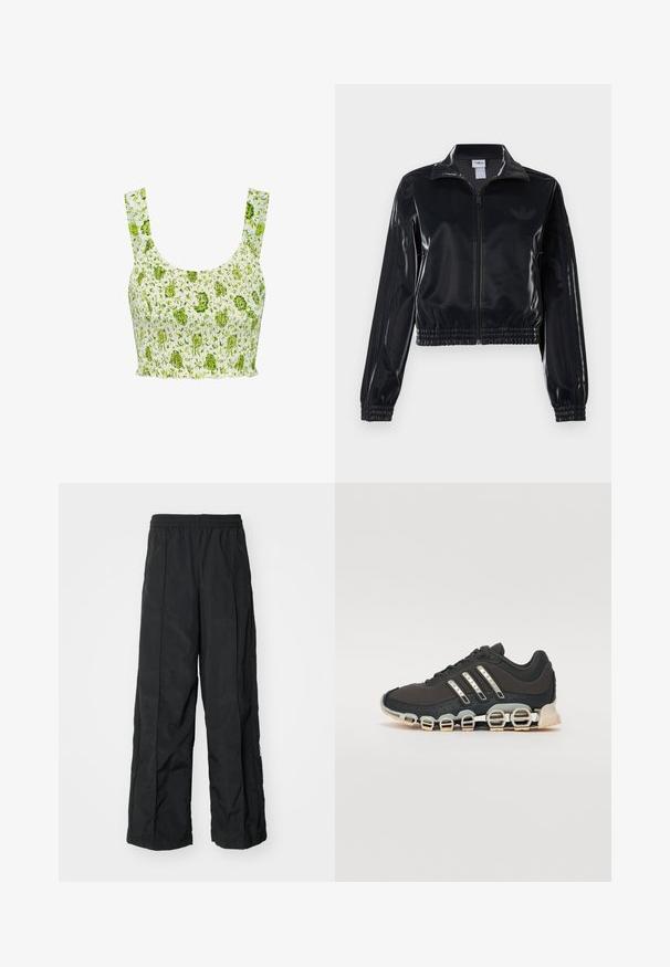Must tume läikiv tõmblukuga spordijakk elastsete ääriste ja hemiga, millel on varrukatel peened kolmerealised detailid ja toon-on-tone logo rinnal.; Valgest kangast smockitud lühike tops, millel on roheline lillemuster. Omab laiaditoone ja kokku tõmmatud tekstuuri üle kogu pinnale.; Mustad laiad püksid elastse vööga, millel on sile tekstuur ja külgõmbluste detailid lisadisaini jaoks.; Must have sportlik kingad musta värvi, millel on tekstuuriga pealisosa, kolm hõbedast triipu ja eristuv pehmendusnähtus, millel on mitmed integreeritud osad.
