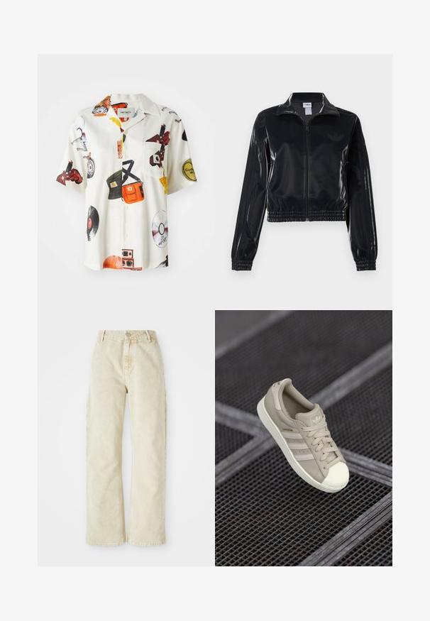 Giacca a piedi nera lucida con zip, dotata di polsini e orlo elastici, con discreti dettagli a tre strisce sulle maniche e un logo tonale sul petto.; Camicia a maniche corte in tessuto bianco con stampe colorate a tema musicale, taschino sul petto e chiusura con bottoni frontale con colletto classico.; Pantaloni in denim beige a gamba larga con vita alta, dotati di chiusura frontale con bottone e zip, passanti per cintura e tasche laterali. Tessuto morbido.; Sneaker beige Adidas Superstar con superiore in pelle testurizzata, tre strisce laterali, punta rotonda e logo sulla linguetta e sul tallone.