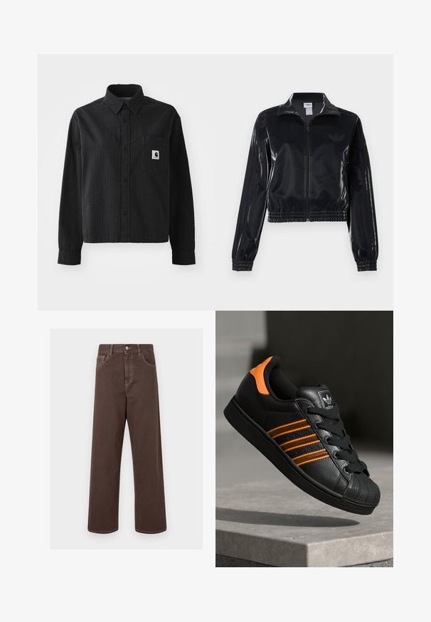 Melna spīdīga zip-up sporta jaka ar elastīgām piedurknēm un apakšmalu, ar smalku trīsrindu detaļu uz piedurknēm un tonālu logotipu uz krūšu daļas.; Melns garām piedurknēm krekls ar teksturētu vafeļu rakstu, pogājamā priekšpuse, apkakle un krūšu kabata ar logotipa uzlīmi.; Brūnas platās denima bikses ar kontrastējošiem šuvēm, piecām kabatām un metāla pogu aizdari. Gluda tekstūra, taisna griezuma.; Melnas kedas ar oranžiem akcentiem, trīs horizontālas svītras, teksturēts ādas augšdaļa, gumijas purngala daļa un melnas auklas.