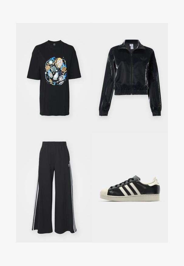 Melna spīdīga zip-up sporta jaka ar elastīgām piedurknēm un apakšmalu, ar smalku trīsrindu detaļu uz piedurknēm un tonālu logotipu uz krūšu daļas.; Melna T-kreklu ar krāsainu grafisko dizainu, kurā attēlots planēta, roze, miera zīme un kauliņi vidū. Izgatavots no kokvilnas, brīvs piegriezums.; Melnas plašas sporta bikses ar elastīgu jostasvietu, kurām ir baltas sānu svītras un izšūts logo kreisajā augšstilbā.; Melna ādas sporta apava ar baltām svītrām, gumijas purngala aizsardzību, melnām auklām un krēma krāsas zoli. Gluda tekstūra ar spīdīgu apdari.