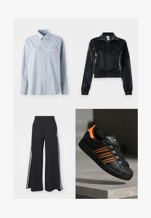 Jachetă sport neagră, lucioasă, cu fermoar, cu manșete și tiv elastic, având detalii subtile cu trei dungi pe mâneci și un logo tonal pe piept.; Cămașă cu mâneci lungi, de culoare albastru deschis, cu dungi verticale albe și închise, având un buzunar pe piept și broderie albă cu script.; Pantaloni de trening negri cu croială largă, prevăzuți cu un brâu elastic, având dungi laterale albe și un logo brodat pe coapsa stângă.; Adidași negri cu accente portocalii, trei dungi orizontale, parte superioară din piele texturată, capac de cauciuc pentru vârf și șireturi negre.