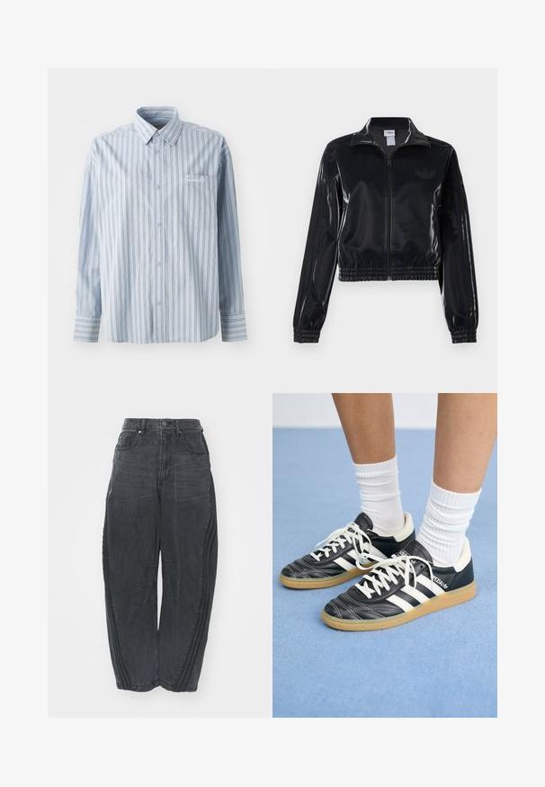 Juodas blizgus zip-up sportinis švarkas su elastinėmis rankovėmis ir apatine dalimi, su subtiliais trimis juostomis ant rankovių ir toniniu logotipu krūtinėje.; Šviesiai mėlyna ilgomis rankovėmis marškiniai su baltais ir tamsiais vertikaliais dryžiais bei priekyje esančia krūtinės kišenė, papuošta balta siuvinėta raide.; Palaidi juodi džinsai su išblukusiu paviršiumi, penkios kišenės, užsegimas liemeniui mygtuku ir siuvinėtos detalės priekyje bei šonuose.; Juodos odinės sportbačiai su baltais dryžiais, apvalia nosimi, baltais raišteliais ir guminiu padu. Pabrėžti paminkštinta apykakle ir prekių ženklų detalėmis.