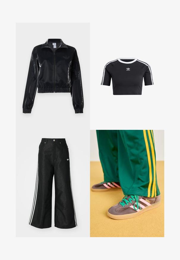 Juodas blizgus zip-up sportinis švarkas su elastinėmis rankovėmis ir apatine dalimi, su subtiliais trimis juostomis ant rankovių ir toniniu logotipu krūtinėje.; Juodas trumpas medvilninis marškinėliai, su baltu tekstūruotu apykakliniu kaklu, trumpomis raglano rankovėmis ir baltais latakais šonuose su mažuoju logotipu.; Juodos plačios džinsinės kelnės su trimis baltais juostelėmis kiekvienoje pusėje ir mažu baltu logotipu. Yra priekiniai kišenės ir sagčių užsegimas.; Pilki zomšiniai sportbačiai su rožinėmis juostelėmis ir žaliais raišteliais. Lengvas guminis padas. Dėvimi su žaliais treniruočių kelnais, turinčiais geltonas šonines juosteles.