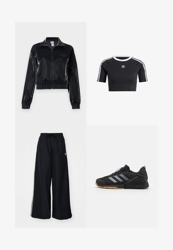 Veste de survêtement noire brillante à fermeture éclair, avec des poignets et un ourlet élastiques, arborant de subtils détails à trois rayures sur les manches et un logo ton sur ton sur le torse.; T-shirt noir court en coton, avec un col rond côtelé blanc, des manches raglan courtes et des rayures latérales blanches avec un petit logo.; Pantalons larges noirs en tissu léger. Dotés d'une taille élastique avec cordon de serrage et de rayures blanches sur les côtés. Logo de la marque sur la hanche.; Chaussure de sport noire avec une tige en maille, design à trois bandes grises, semelle en caoutchouc et accents texturés sur le talon et sur le côté.