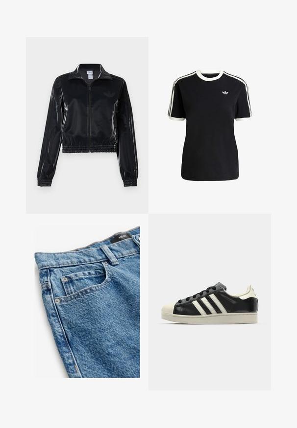 Crna sjajna sportska jakna sa zatvaračem, elastičnim manžetama i donjim rubom, s diskretnim trostrukim detaljima na rukavima i toniranim logotipom na prsima.; Crna pamučna majica s bijelim detaljima na ovratniku i rukavima, s tri bijele pruge na svakom ramenu i malim logotipom na prsima.; Traperice u srednje plavoj boji s izblijedjelom teksturom. Značajke uključuju pet džepova, bakrene zakovice i šivanu detaljizaciju uz šavove.; Crni kožni tenisice s bijelim prugama, gumeni zaštitni vrh, crne vezice i bijela potplata boje krem. Glatka tekstura s sjajnim završetkom.