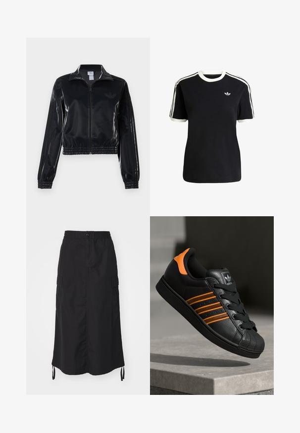 Čierna lesklá zipsová športová bunda s elastickými manžetami a spodným lemom, ktorá má jemné trojpruhové detaily na rukávoch a tonálny logotyp na hrudi.; Čierne bavlnené tričko s bielymi akcentmi na golieri a rukávoch, s tromi bielymi pruhmi na každom pleci a malým logom na hrudi.; Čierna sukňa strednej dĺžky vyrobená z ľahkého materiálu. Má elastický pás, zapínanie na gombík a bočné vrecká s šnúrkovými detailmi.; Čierne tenisky s oranžovými akcentami, tromi horizontálnymi pruhmi, textúrovaným koženým zvrškom, gumovým ochranným vankúšikom na prstoch a čiernymi šnúrkami.