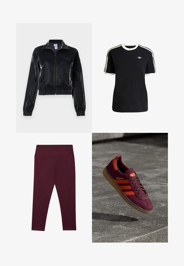 Sort, blank glans zip-jakke med elastiske manchetter og kant, der har diskrete tre-stribe detaljer på ærmerne og et tonalt logo på brystet.; Sort bomulds t-shirt med hvide detaljer på kraven og ærmerne, præget af tre hvide striber på hver skulder og et lille logo på brystet.; Bordeaux leggings med høj talje, lavet af et glat, strækbart stof. Har et sømløst design uden udvendige lommer.; Maroon ruskinds sneakers med orange striber og detaljer, brune snørebånd og en gummisål. Har et logo på tungen.